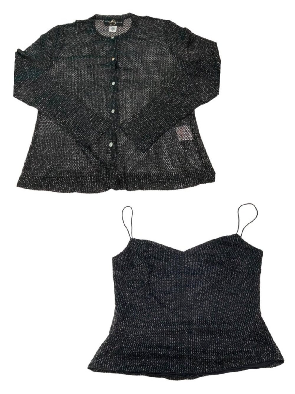 Vintage 90 Open Knit Cardigan Cami Matching Twin Set M Black Sheer Fairy Grunge